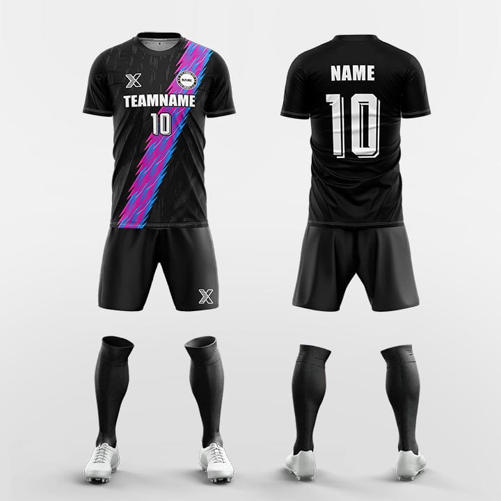XTeamwear Soccer Uniforms Black with purple stripes / S Custom Soccer Kit – Lightning Stripe Jersey Set with Shorts & Socks