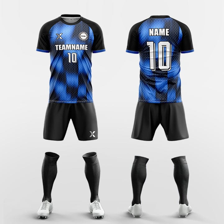 XTeamwear Soccer Uniforms blue / S Custom Soccer Kit – Diamond Grid Gradient Block Print & Crew Neck (Jersey, Shorts & Socks)
