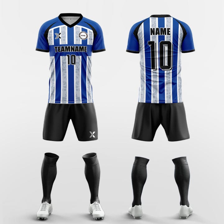 XTeamwear Soccer Uniforms blue / S Custom Soccer Kit – Vertical Stripe & Patterned Design with V-Neck (Jersey, Shorts & Socks)