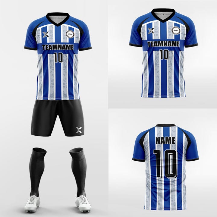 XTeamwear Soccer Uniforms Custom Soccer Kit – Vertical Stripe & Patterned Design with V-Neck (Jersey, Shorts & Socks)