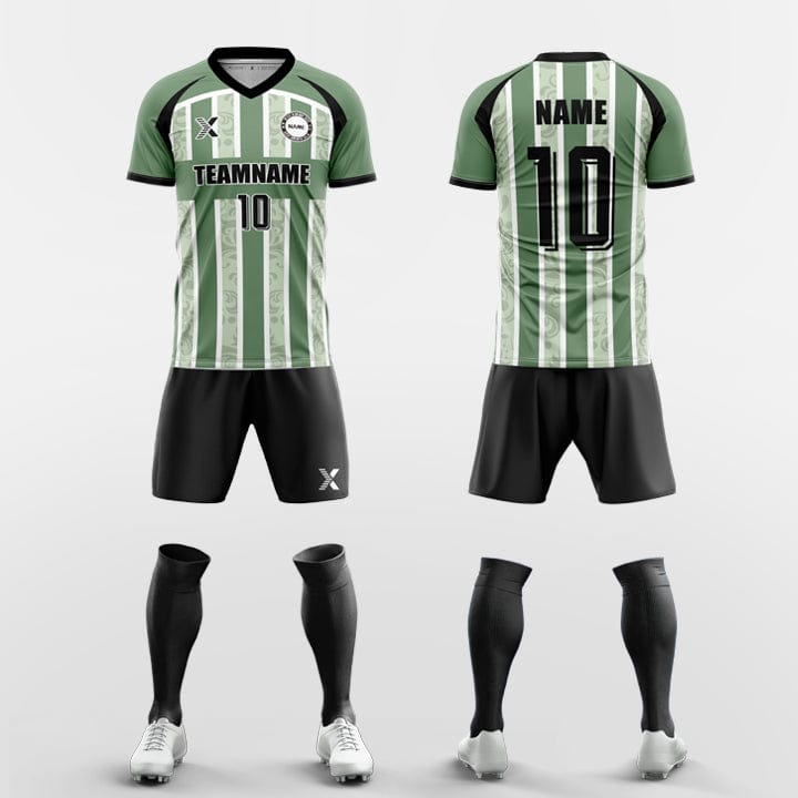 XTeamwear Soccer Uniforms green / S Custom Soccer Kit – Vertical Stripe & Patterned Design with V-Neck (Jersey, Shorts & Socks)