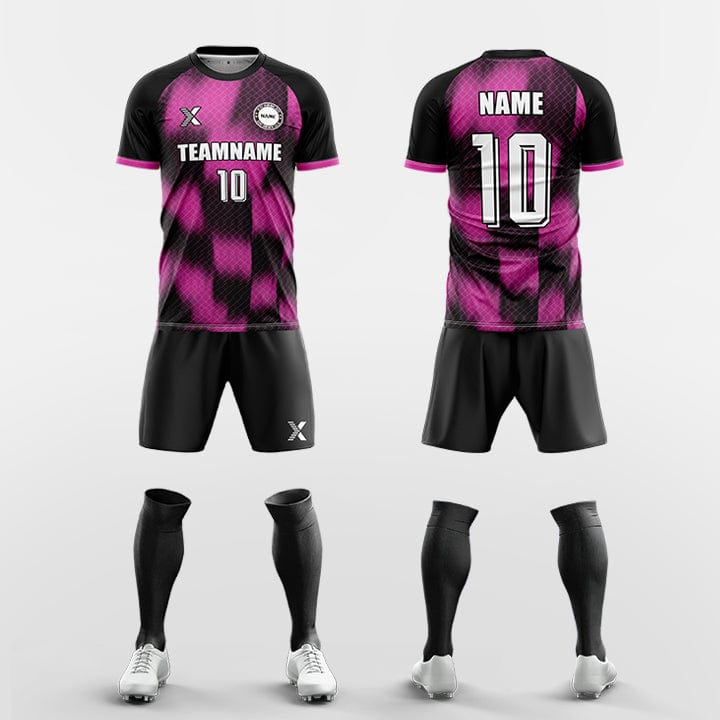 XTeamwear Soccer Uniforms pink / S Custom Soccer Kit – Diamond Grid Gradient Block Print & Crew Neck (Jersey, Shorts & Socks)