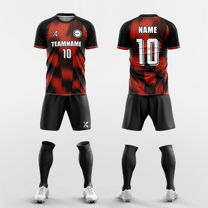 XTeamwear Soccer Uniforms red / S Custom Soccer Kit – Diamond Grid Gradient Block Print & Crew Neck (Jersey, Shorts & Socks)