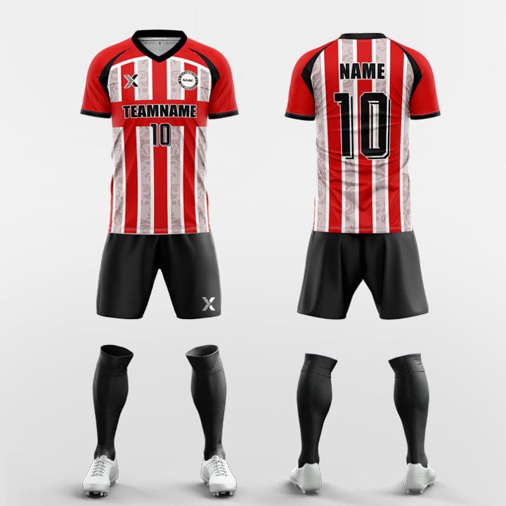 XTeamwear Soccer Uniforms red / S Custom Soccer Kit – Vertical Stripe & Patterned Design with V-Neck (Jersey, Shorts & Socks)