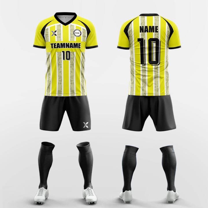 XTeamwear Soccer Uniforms yellow / S Custom Soccer Kit – Vertical Stripe & Patterned Design with V-Neck (Jersey, Shorts & Socks)